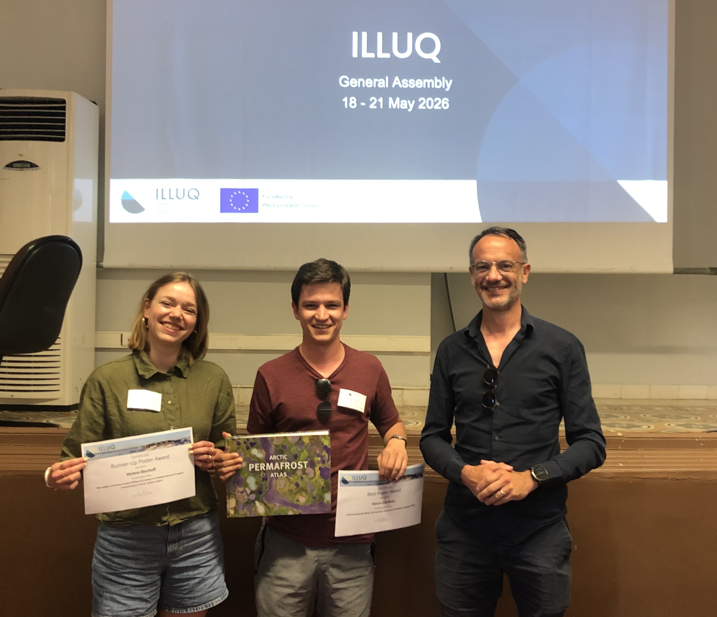 Poster award winners Verena Bischoff (AWI) and Vasco Cardoso (ULisbon) together with the ILLUQ Coordinator Hugues Lantuit. Spetses ECR 2